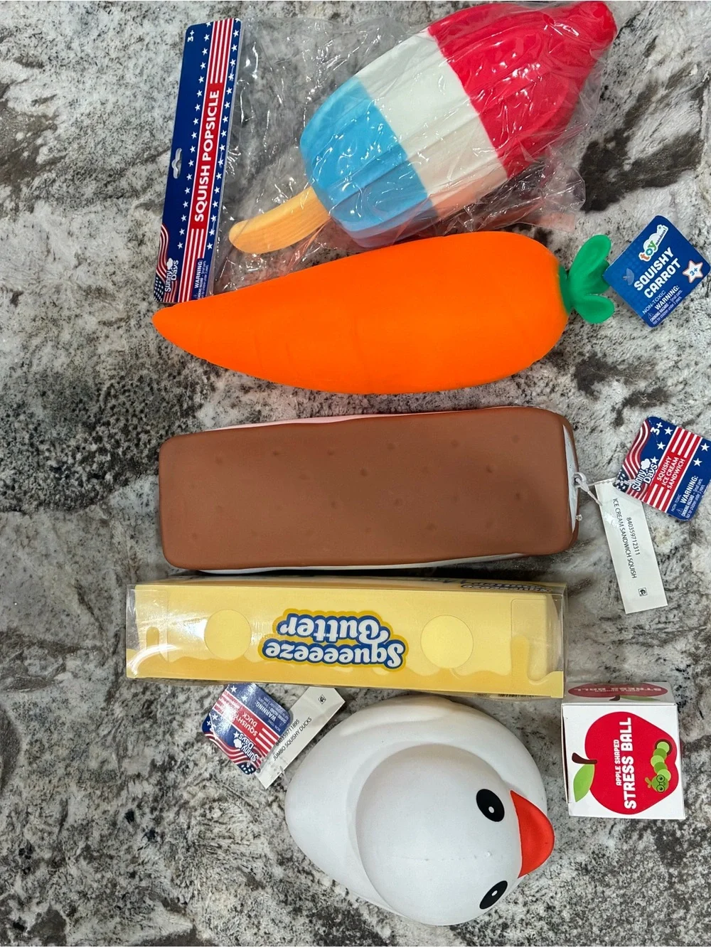 Assorted Stress Toys Bundle - White Duck, Orange Carrot, Popsicle & More